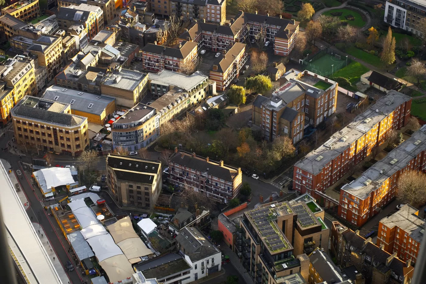 Aerial view of a London neighborhood showcasing urban architecture and streets.