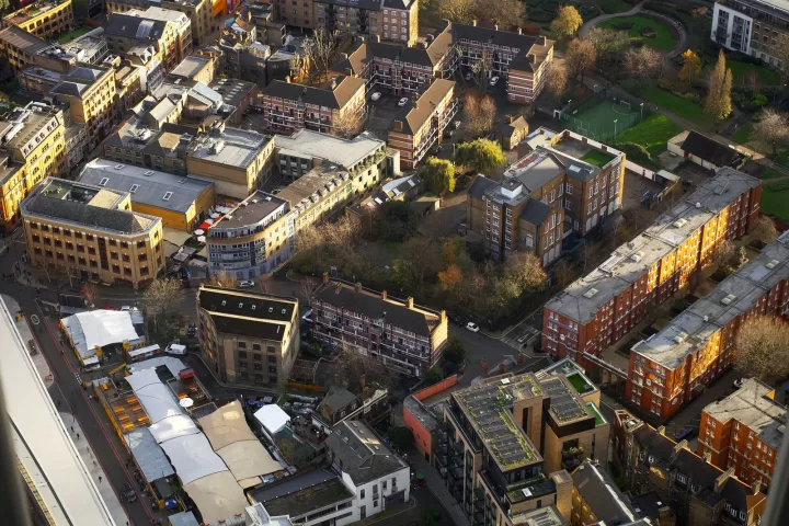 Aerial view of a London neighborhood showcasing urban architecture and streets.
