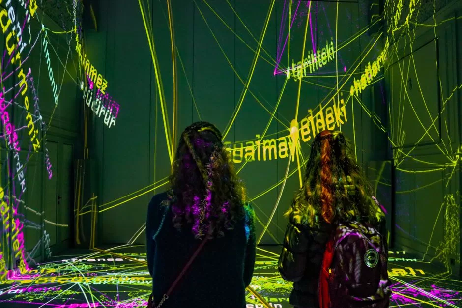 A room lit with coloured light