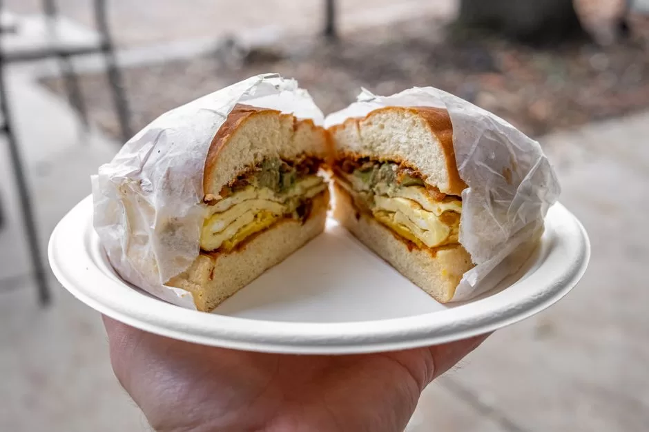 A filled sandwich cut in half