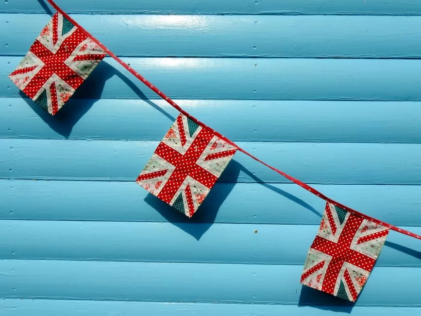 Red and white bunting at a street celebration