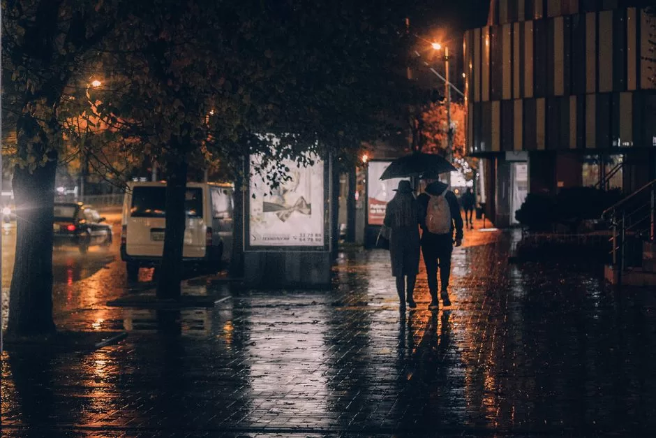 Two people walking in the city at night