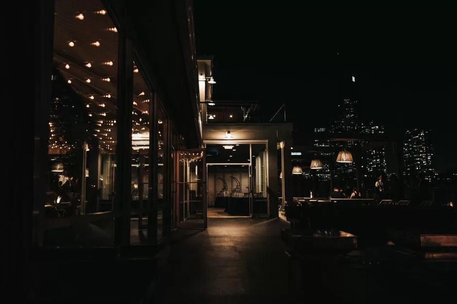 A rooftop bar above a city skyline