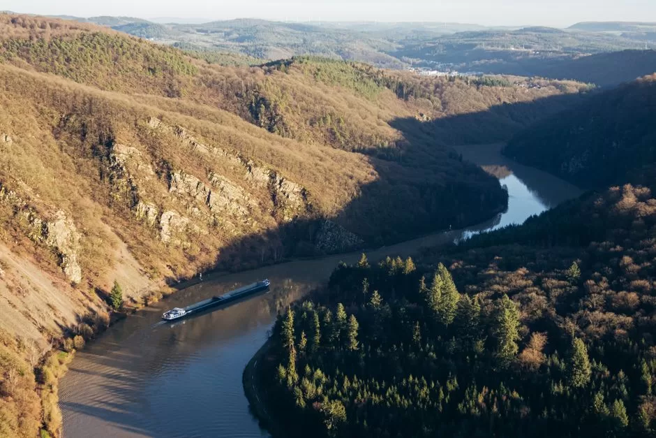 A river winding through a wooded valley