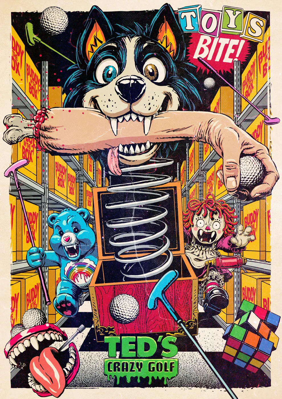 Illustrated poster headed Toys Bite: a snarling jack-in-the-box dog biting a plush bear's arm, with the Ted's Crazy Golf logo